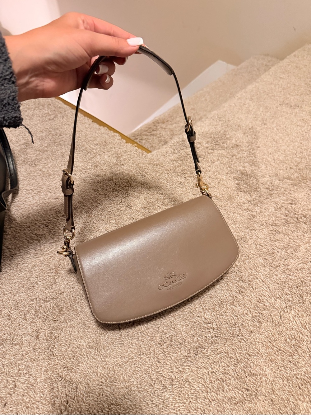 Coach Small Taupe Leather Shoulder Bag with Gold Hardware